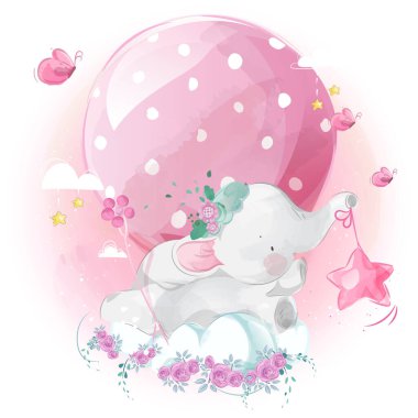 Parlak gökyüzünde şirin küçük fil ve balon.