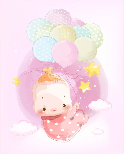 Image Newborn Baby Assembling Cute Baby Shower Card Floating Sky — Stock Vector