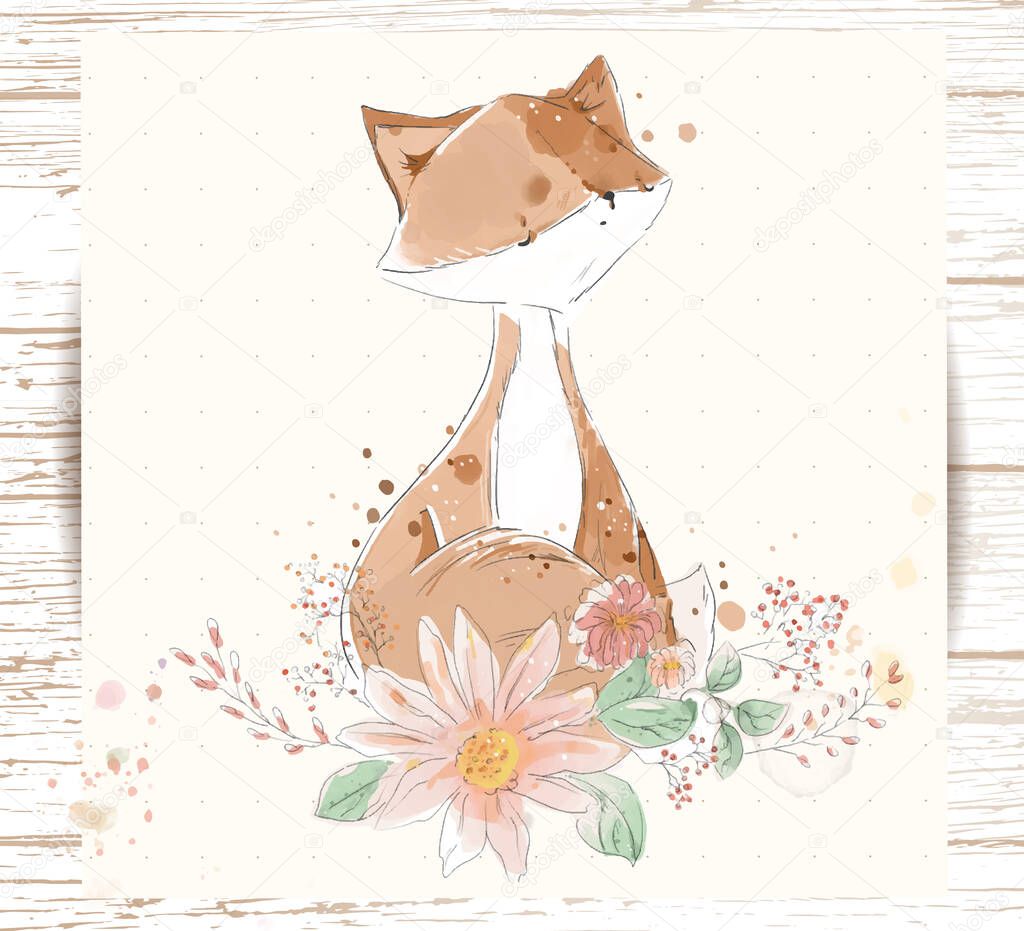 Hand painted watercolor tropical cute animal fox on a branch with tropical flowers and leaves