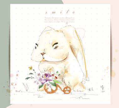 Tropik çiçekli ve yapraklı bir dalda el boyası tropikal şirin bir hayvan tavşanı.