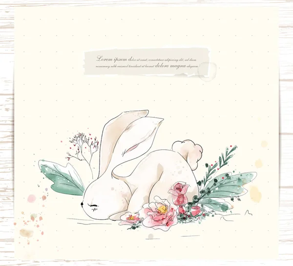 热带可爱的野兔 手绘水彩画在带有热带花朵和叶子的树枝上 — 图库矢量图片