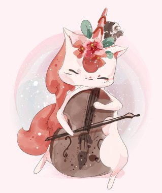 El boyası suluboya şirin hayvan tek boynuzlu at tropik çiçekler ve yapraklarla bir dalda müzik çalıyor.