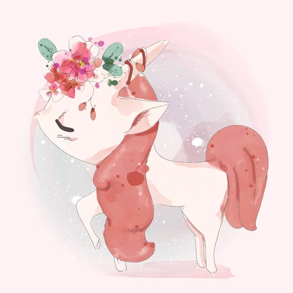 Acuarela Pintada Mano Lindo Unicornio Animal Una Rama Con Flores — Vector de stock