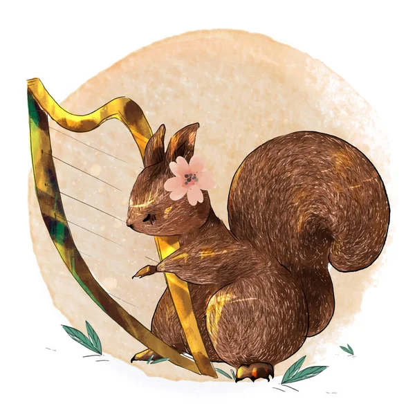 Handgemaltes Aquarell Niedliches Tier Eichhörnchen Spielt Musik Auf Einem Zweig — Stockvektor