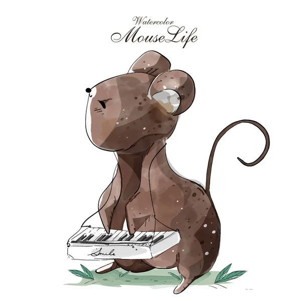 Aquarelle Peinte Main Souris Mignonne Sur Une Branche Avec Des — Image vectorielle