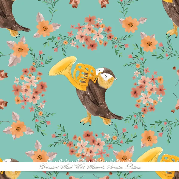 Art Botanical Wild Animal Watercolor Style Wallpaper Image Seamless Pattern — Stock Vector