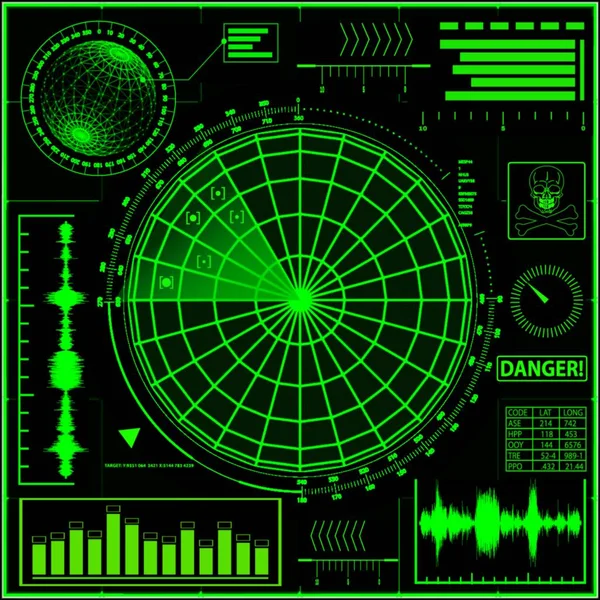 Yeşil bir radar ekranı. Vektör çizimi. Bölüm 10.