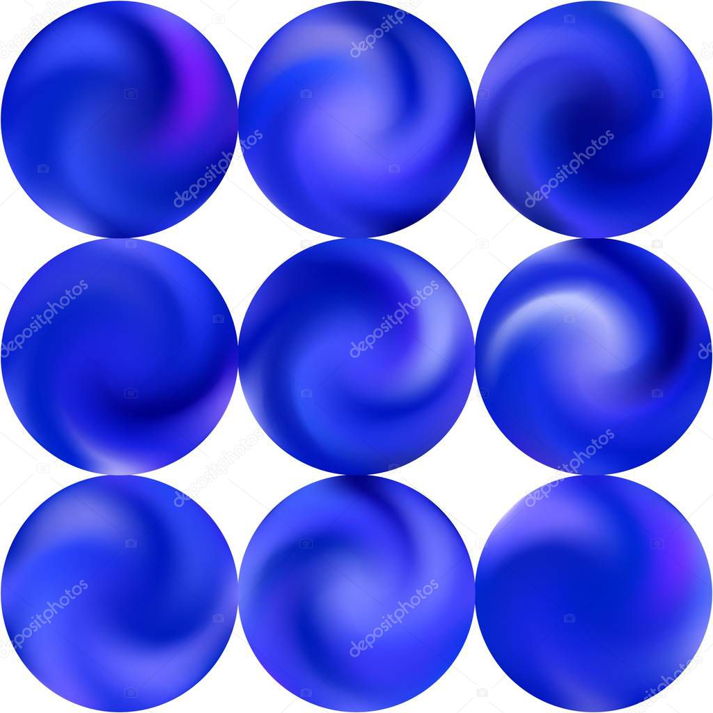 Collection with round gradient backgrounds. Concentric retro style of 80th. Trendy soft color illustration. Blue eco fluid templates for your presentation, invitation, brochure, calendar or cards.