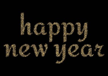 Siyah arkaplanda parıldayan yeni yıl yazıları.