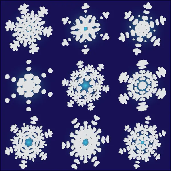 Ensemble de flocons de neige en papier de Noël sur fond bleu . — Image vectorielle