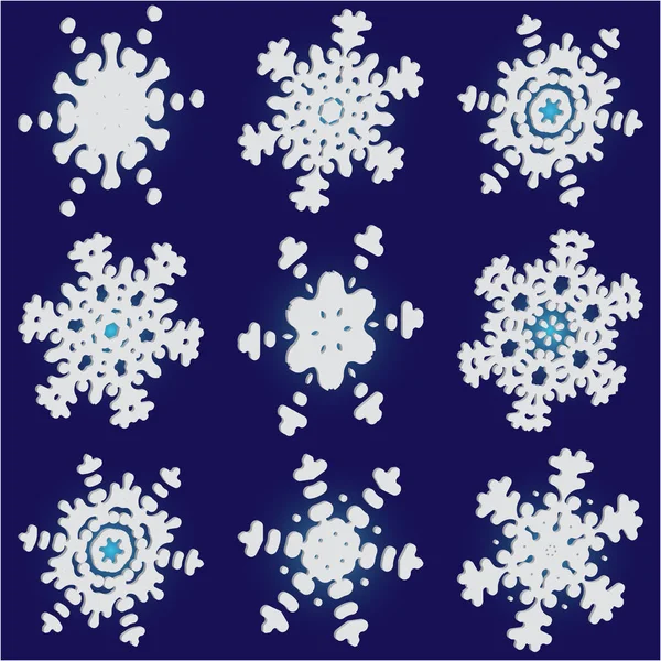 Zestaw prostych świątecznych płatków śniegu na niebieskim tle. — Wektor stockowy