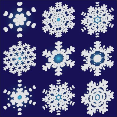 Mavi arkaplanda basit kar taneleri koleksiyonu. 
