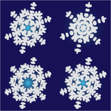 Mavi zemin üzerinde izole kar taneleri kesilmiş kağıt koleksiyonu. 