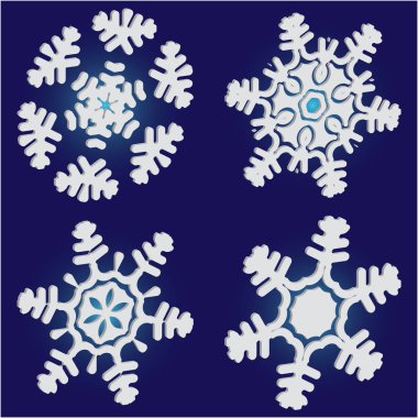 Mavi zemin üzerinde izole kar taneleri kesilmiş kağıt koleksiyonu. 