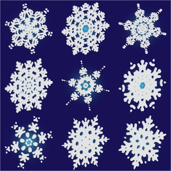 Kit de simples copos de nieve navideños sobre fondo azul . — Vector de stock