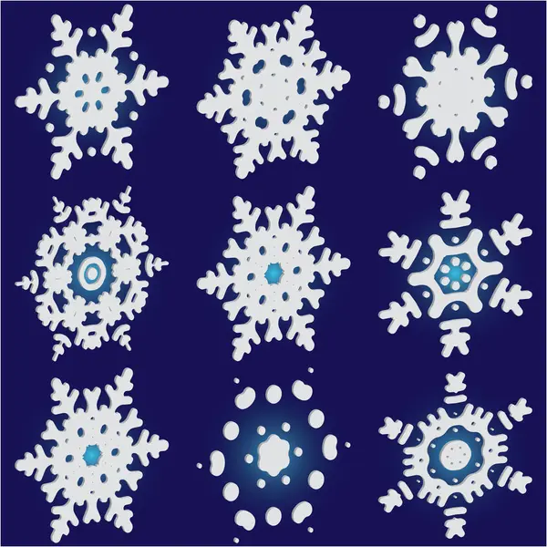 Ensemble de flocons de neige tombants isolés sur fond bleu . — Image vectorielle