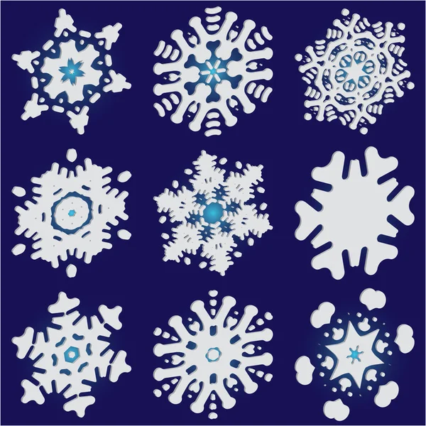 Set di fiocchi di neve Natale 3d su sfondo blu . — Vettoriale Stock