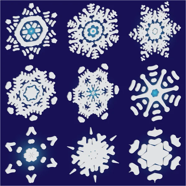 Kit of isolated  silhouettes of snowflakes on blue background. — Stock Vector