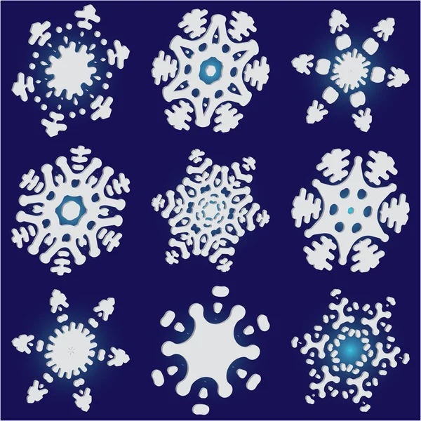 Kit de simples, beaux flocons de neige sur fond bleu . — Image vectorielle