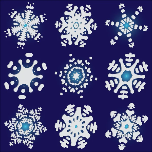 Kit de copos de nieve simples y hermosos sobre fondo azul . — Vector de stock