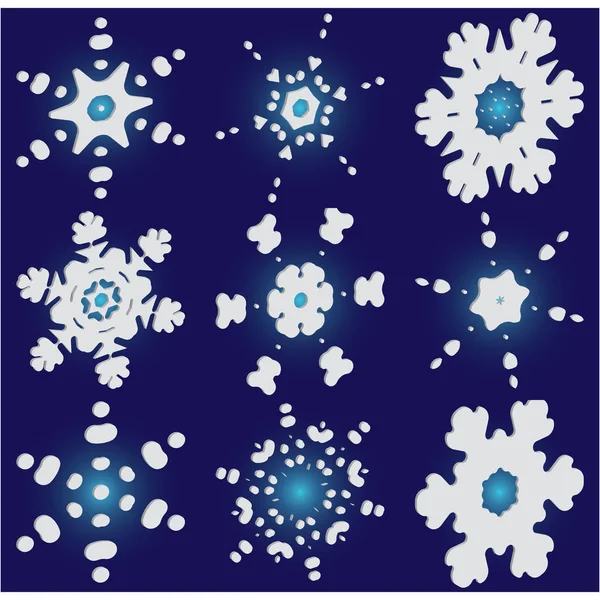 Kit de silhuetas isoladas de flocos de neve em fundo azul . — Vetor de Stock