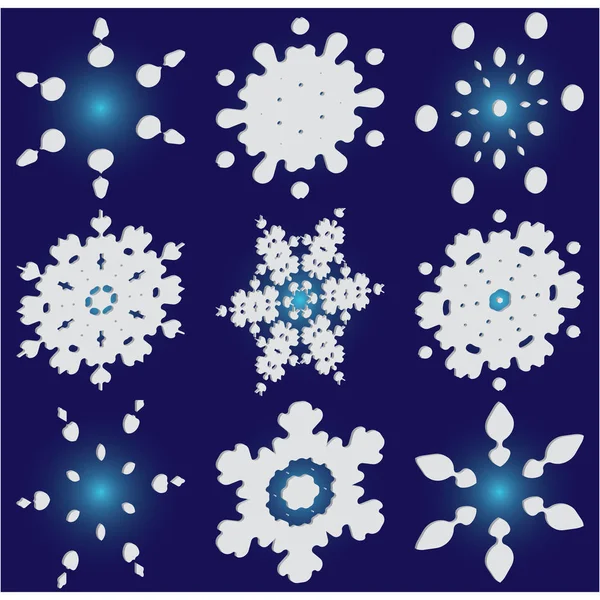 Sammlung von Papier geschnitten isolierte Schneeflocken auf blauem Hintergrund. — Stockvektor