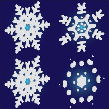 Mavi zemin üzerinde izole kar taneleri kesilmiş kağıt koleksiyonu. 