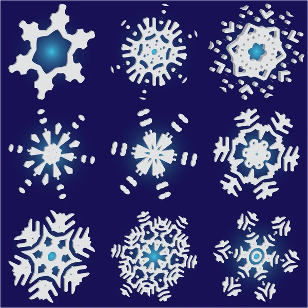 Colecție de fulgi de zăpadă drăguți pe fundal albastru . — Vector de stoc