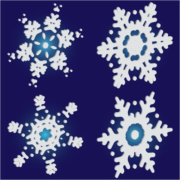 Colección de lindos copos de nieve sobre fondo azul . — Vector de stock