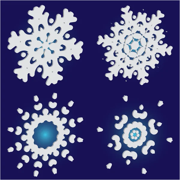 Kit de siluetas aisladas de copos de nieve sobre fondo azul . — Vector de stock
