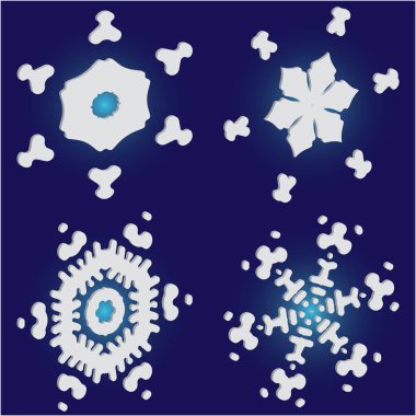 Mavi arka planda izole edilmiş kar taneleri siluetleri.. 