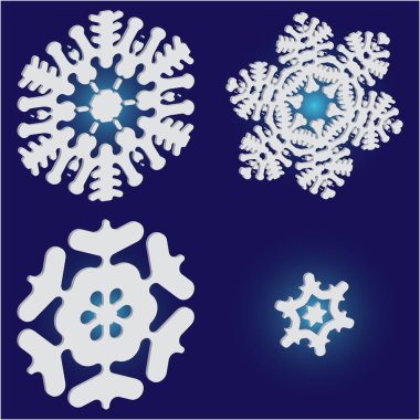 Mavi arka planda izole edilmiş kar taneleri siluetleri.. 