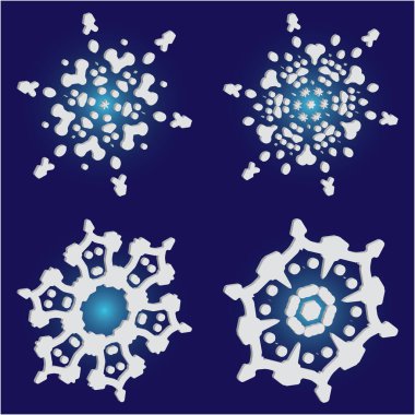 Mavi zemin üzerinde izole kar taneleri kesilmiş kağıt koleksiyonu. 