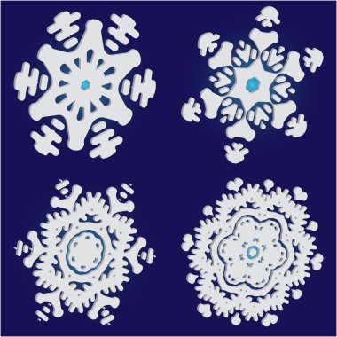 Mavi zemin üzerinde izole kar taneleri kesilmiş kağıt koleksiyonu. 