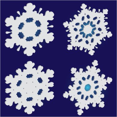 Mavi arka planda izole edilmiş kar taneleri siluetleri.. 