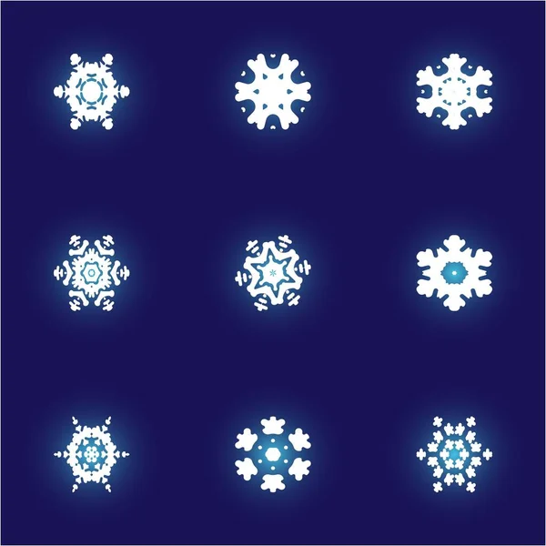 Kit van eenvoudige kerst sneeuwvlokken op blauwe achtergrond. — Stockvector