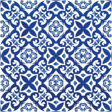 Seramik fayanslar azulejo portugal. Vektörsüz desenli poster. Minimum tasarım. Tişört, hatıra defteri, çarşaf, akıllı telefon çantası veya çantalar için mavi etnik geçmiş.