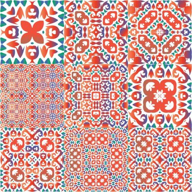 Antik süslü fayanslar Talavera Mexico. Modern tasarım. Bir dizi vektörsüz şablon. Tişört, hatıra defteri, çarşaf, akıllı telefon çantaları veya çantalar için kırmızı etnik altyapı.