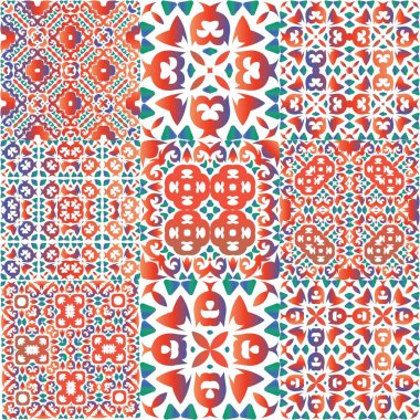 Antika talavera döşeme yama fabrikası. Vektör aralıksız desenler. Geometrik tasarım. Çantalar, akıllı telefon kılıfları, tişörtler, çarşaflar ve koleksiyon defterleri için kırmızı Meksika süslemeleri..