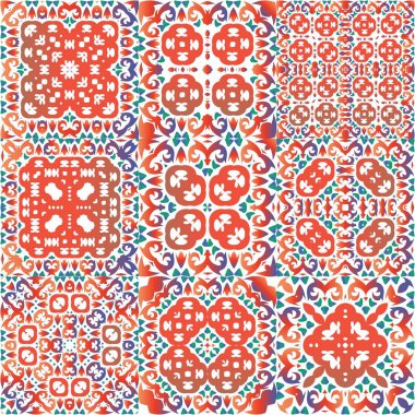 Antika talavera döşeme yama fabrikası. Vektör aralıksız desenler. Yaratıcı tasarım. Çantalar, akıllı telefon kılıfları, tişörtler, çarşaflar ve koleksiyon defterleri için kırmızı Meksika süslemeleri..