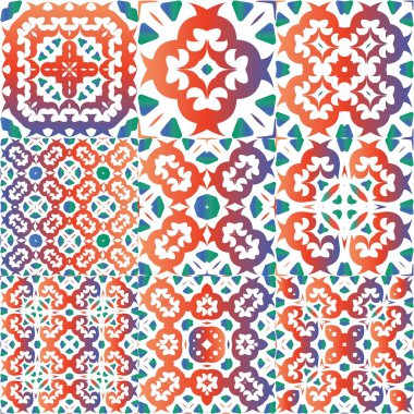 Süslü Talavera Meksika fayans dekoru. Yaratıcı tasarım. Vektörsüz desenlerin toplanması. Çarşaflar, akıllı telefon kılıfları, hatıra defterleri, çantalar ya da tişörtler için kırmızı muhteşem çiçek desenleri..