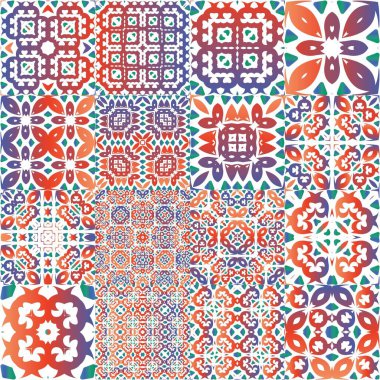 Meksika Talavera 'daki etnik seramik fayanslar. Orijinal tasarım Vektör aralıksız desenler. Yüzey dokusu, havlu, yastık, duvar kağıdı, baskı, web arkaplanı için kırmızı vintage süslemeler.