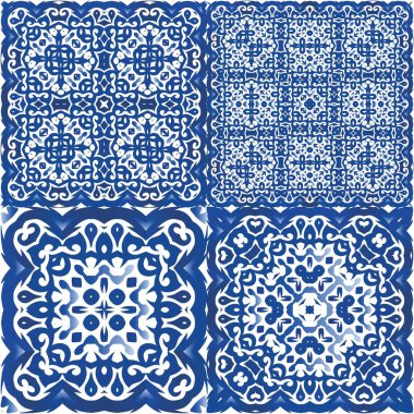 Portekiz yapımı Azulejo fayansları. Bir dizi vektörsüz şablon. Geometrik tasarım. Yastıklar, baskılar, duvar kağıtları, ağ arkaplanı, havlular, yüzey dokusu için mavi antika arkaplan.