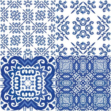 Süslü Azulejo Portekiz fayansları. Moda tasarımı. Vektör desensiz kolaj. Çarşaflar, akıllı telefon kılıfları, hatıra defterleri, çantalar ya da tişörtler için harika çiçek desenleri..