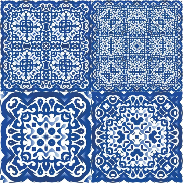 Португальские Винтажные Плитки Azulejo Набор Векторных Бесшовных Шаблонов Геометрический Дизайн — стоковый вектор