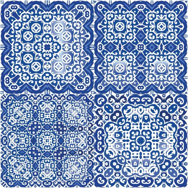 Ornamental Azulejo Portugal Tiles Decor Vector Seamless Pattern Collage Colored — Stock Vector