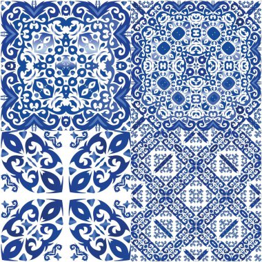 Portekiz yapımı Azulejo fayansları. Vektörsüz şablon. Evrensel tasarım. Yastıklar, baskılar, duvar kağıtları, ağ arkaplanı, havlular, yüzey dokusu için antika arkaplan.