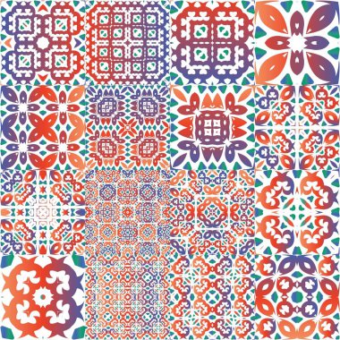 Meksika Talavera 'daki etnik seramik fayanslar. Orijinal tasarım Vektör aralıksız desenler. Yüzey dokusu, havlu, yastık, duvar kağıdı, baskı, web arkaplanı için kırmızı vintage süslemeler.