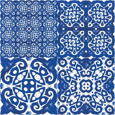 Portekiz azulejo 'sunda etnik seramik fayanslar. Modern tasarım. Vektörsüz desenlerin toplanması. Yüzey dokusu, havlu, yastık, duvar kağıdı, baskı, web arkaplanı için mavi klasik süsler.