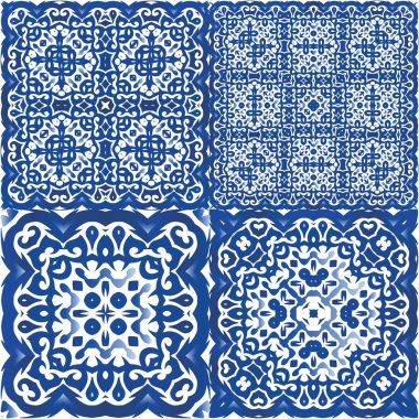 Portekiz yapımı Azulejo fayansları. Bir dizi vektörsüz şablon. Geometrik tasarım. Yastıklar, baskılar, duvar kağıtları, ağ arkaplanı, havlular, yüzey dokusu için mavi antika arkaplan.